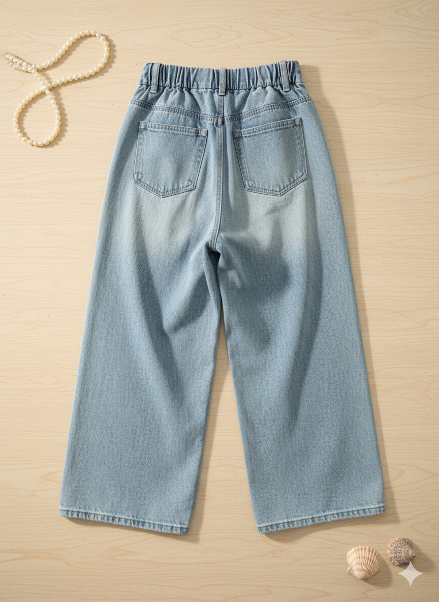 Girls Light Blue Pearl Embellished Denim Pants