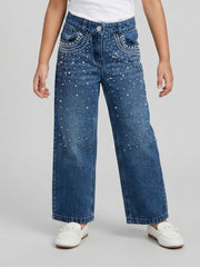 Girls Dark Blue Pearl-Embellished Denim Pants