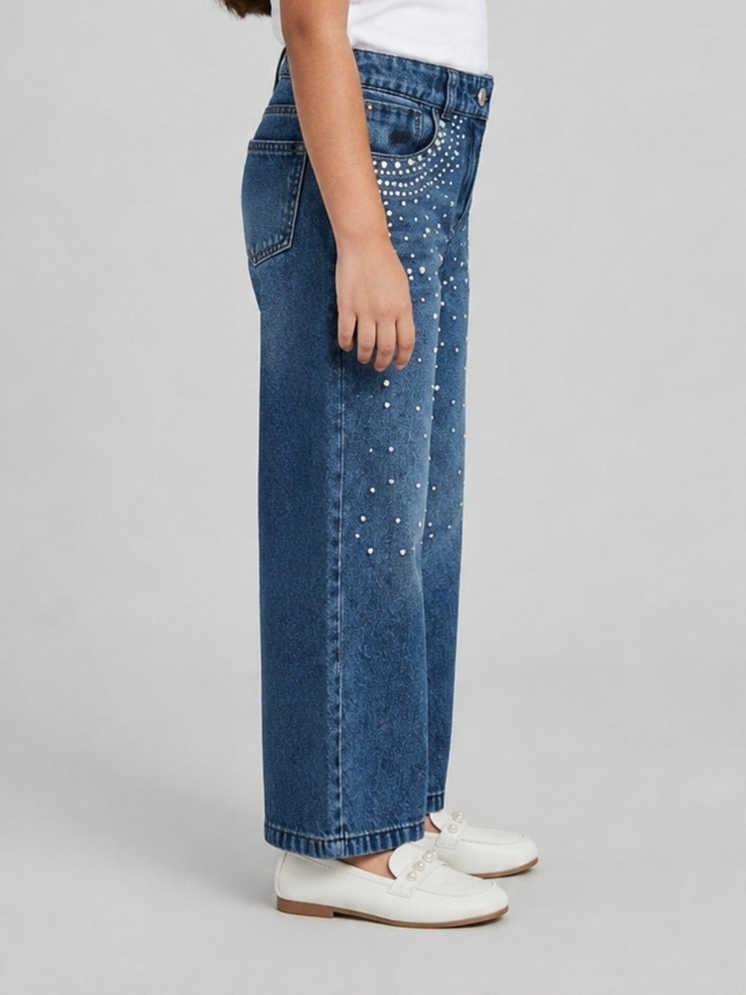 Girls Dark Blue Pearl-Embellished Denim Pants