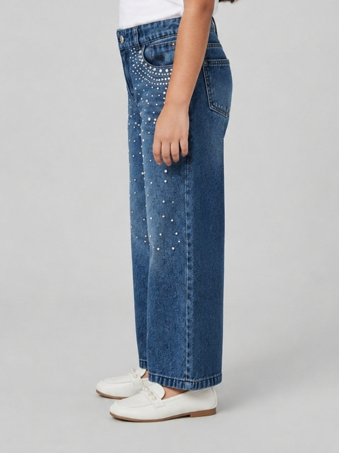 Girls Dark Blue Pearl-Embellished Denim Pants