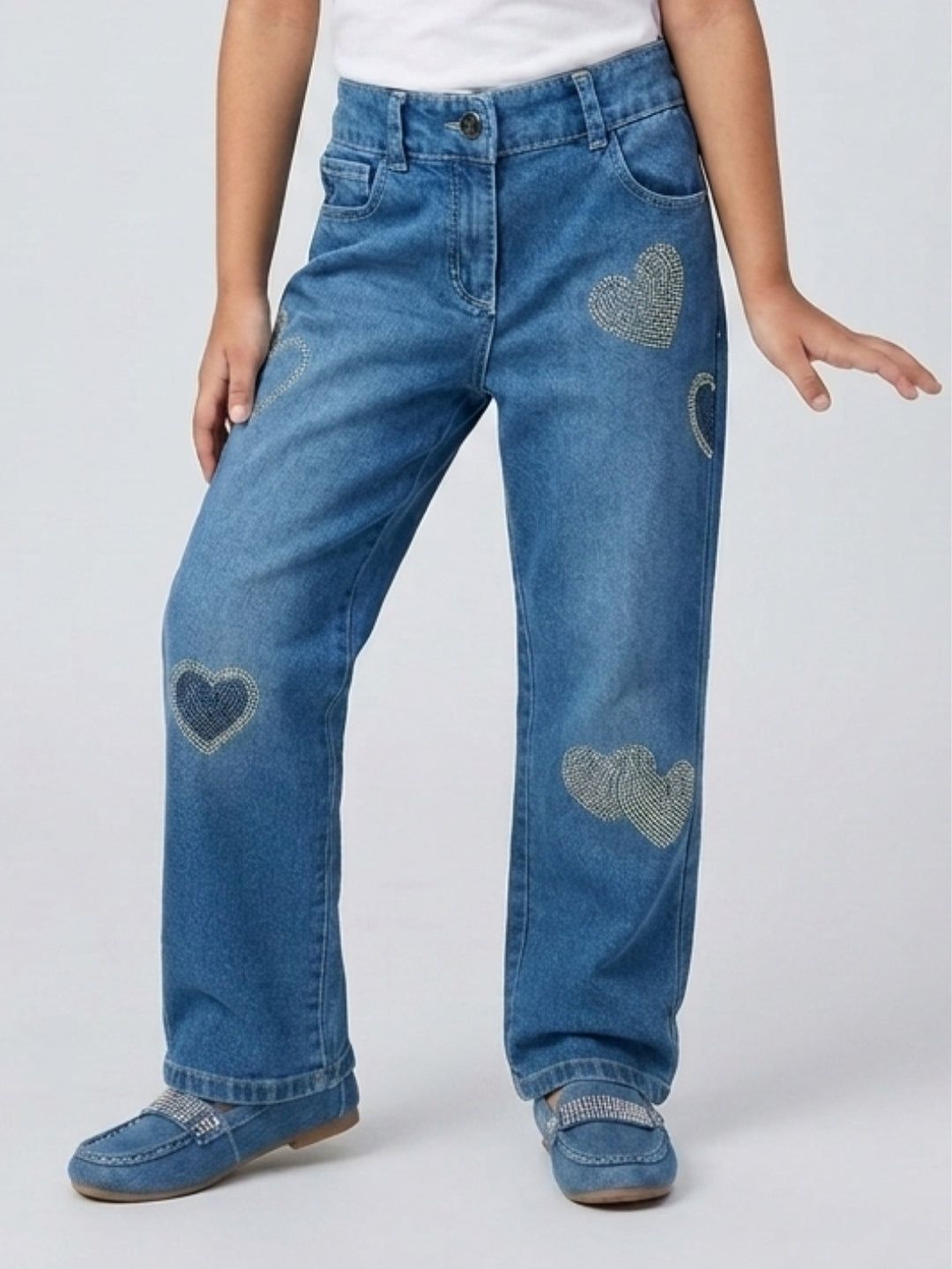 Girls Light Blue Heart Stud Embellished Denim Pants