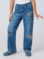 Girls Light Blue Heart Stud Embellished Denim Pants