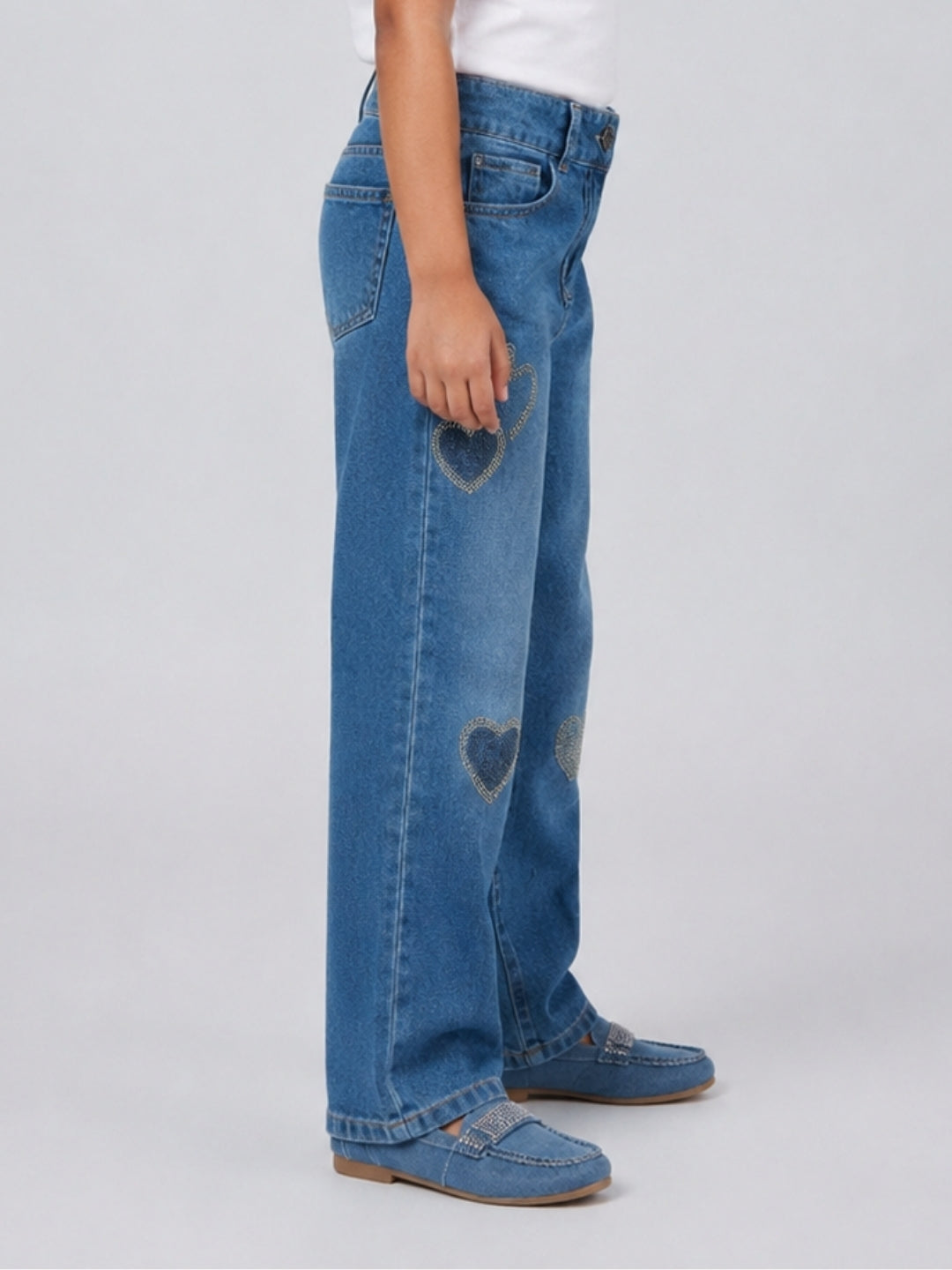 Girls Light Blue Heart Stud Embellished Denim Pants