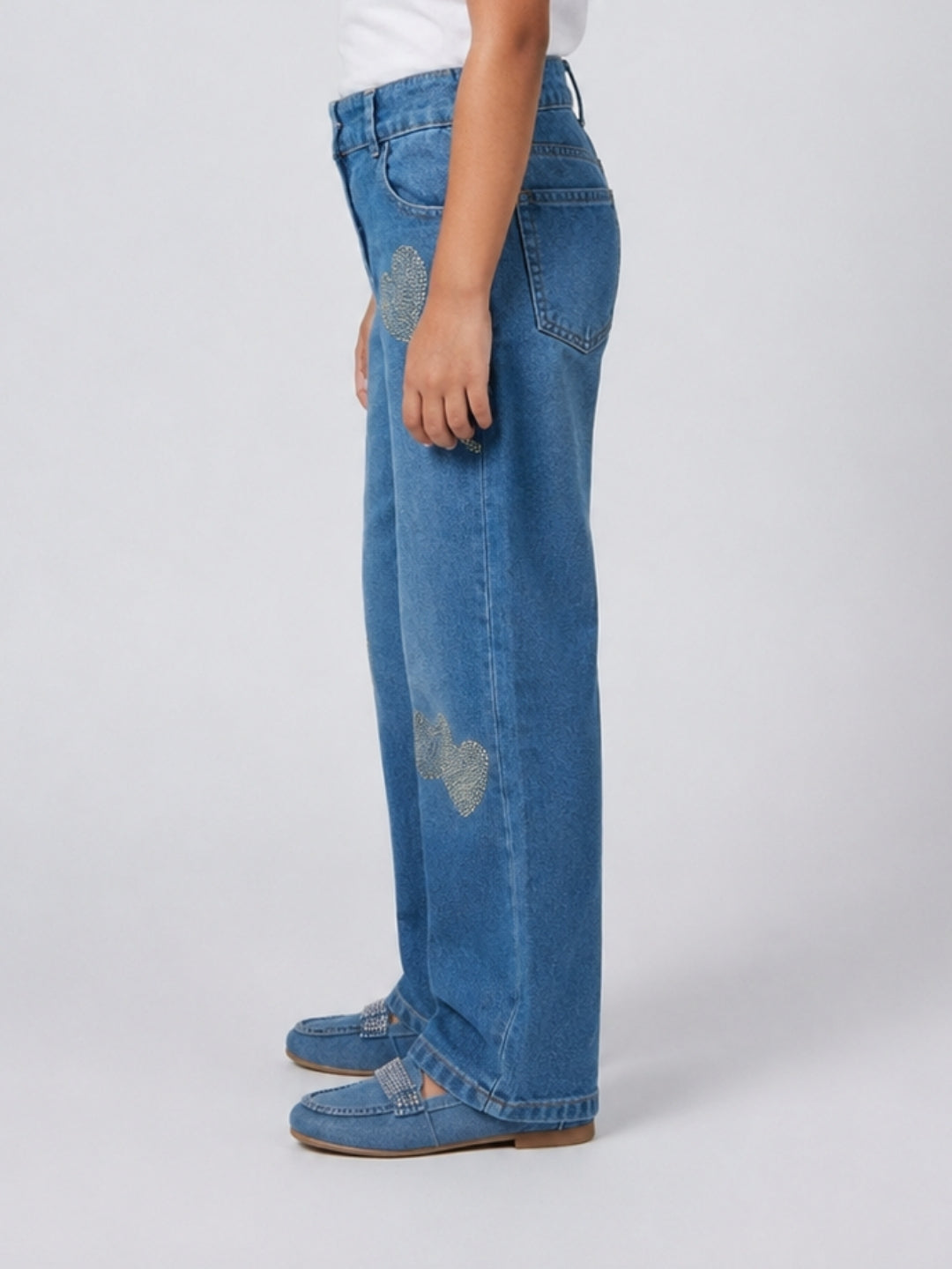 Girls Light Blue Heart Stud Embellished Denim Pants