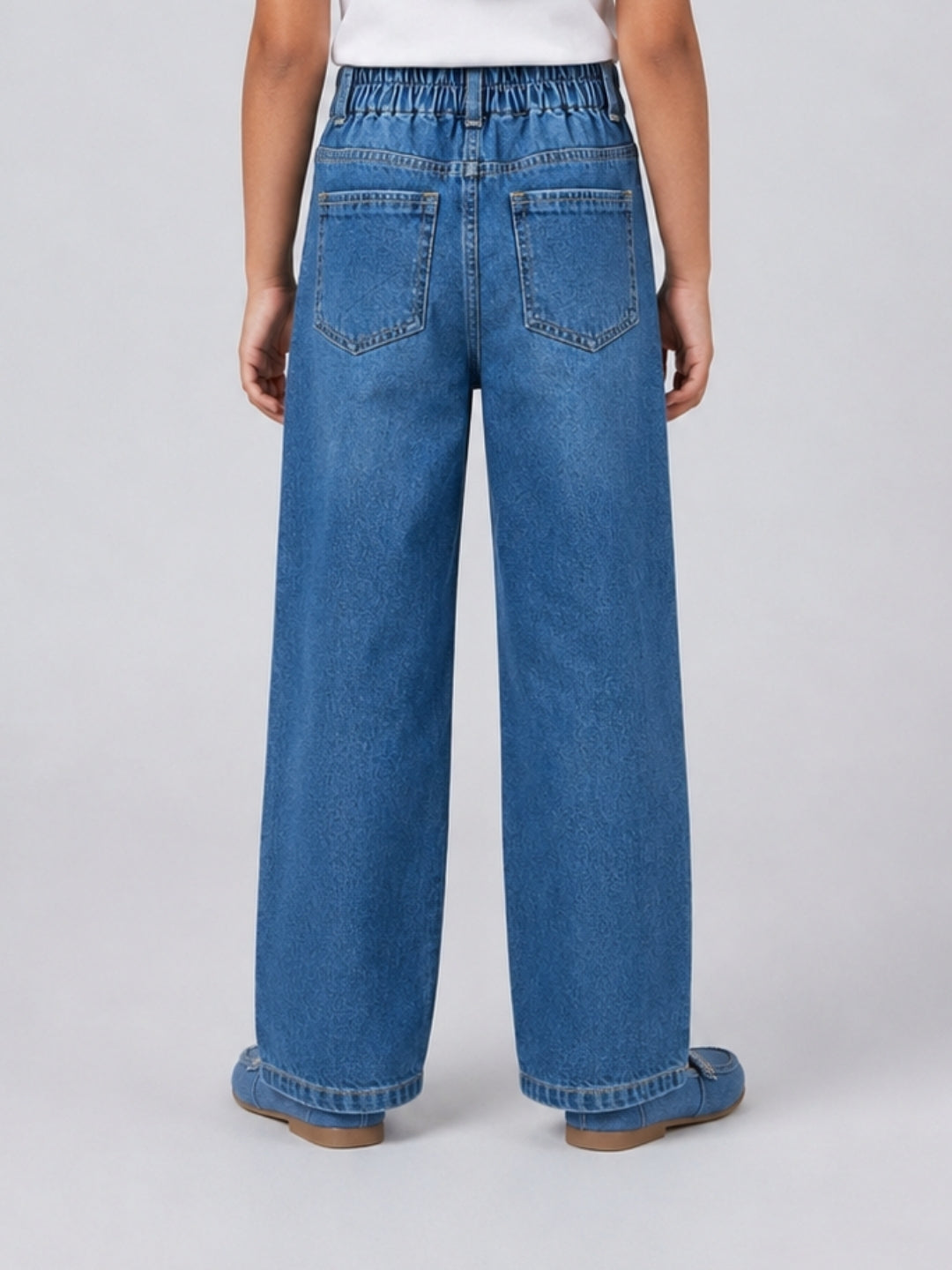 Girls Light Blue Heart Stud Embellished Denim Pants