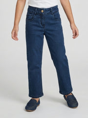Girls Dark Blue Regular-Fit Basic Full-Length Cotton Pants