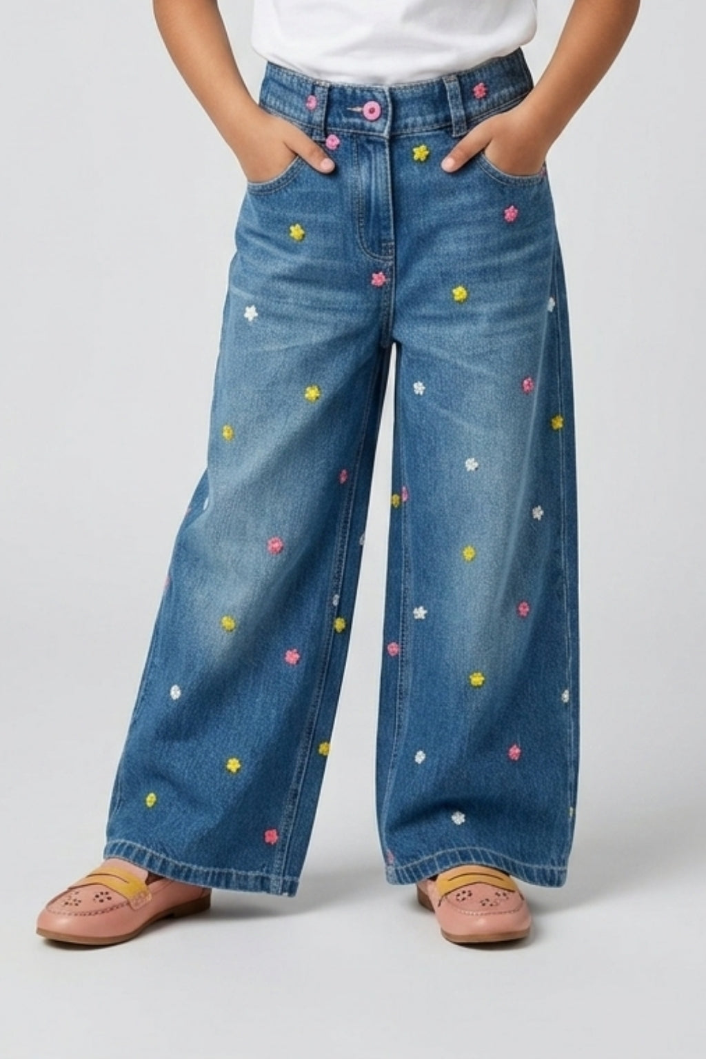 Girls Light Blue Embroidered Straight-Fit Denim Pants
