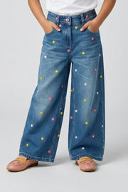 Girls Light Blue Embroidered Straight-Fit Denim Pants