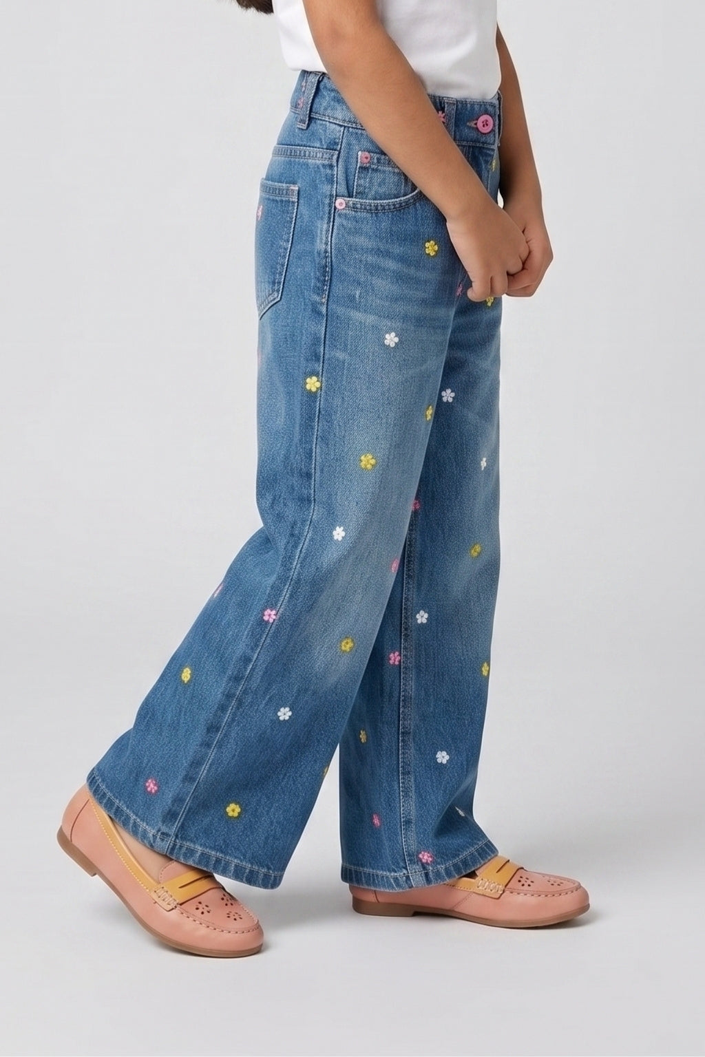 Girls Light Blue Embroidered Straight-Fit Denim Pants
