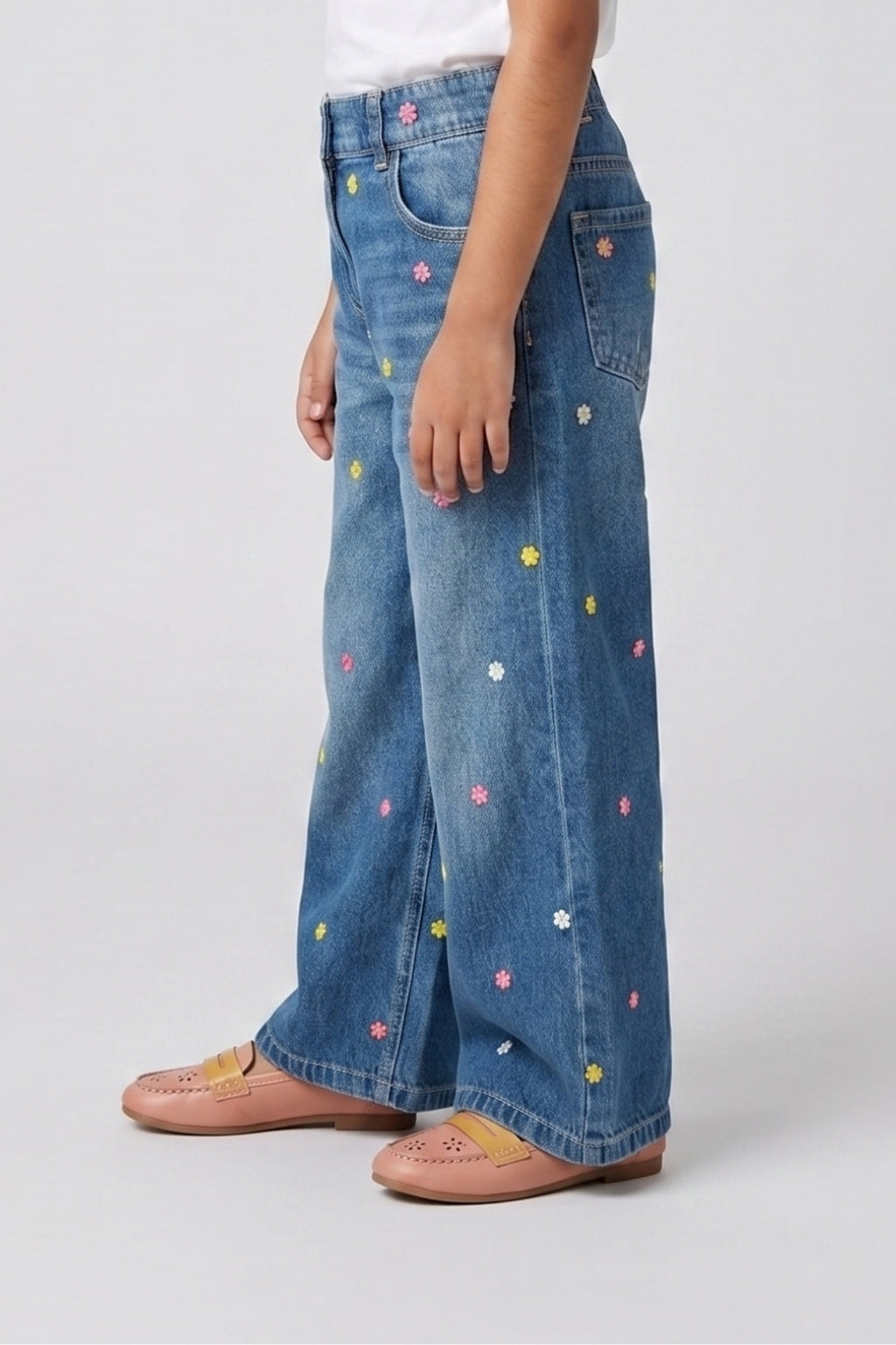 Girls Light Blue Embroidered Straight-Fit Denim Pants