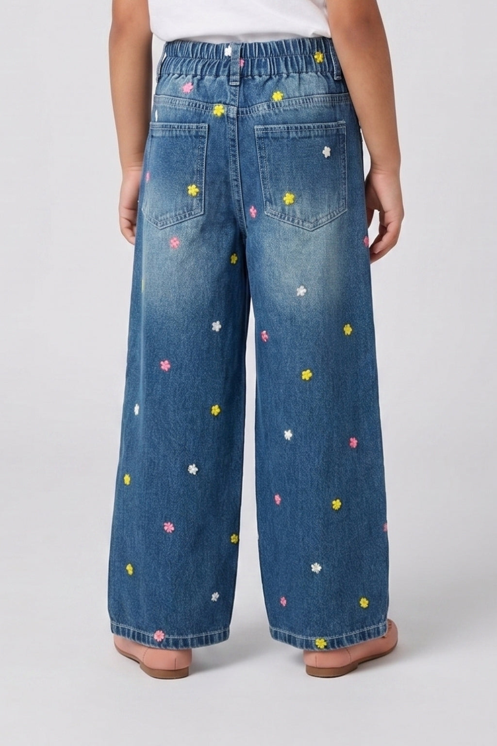 Girls Light Blue Embroidered Straight-Fit Denim Pants