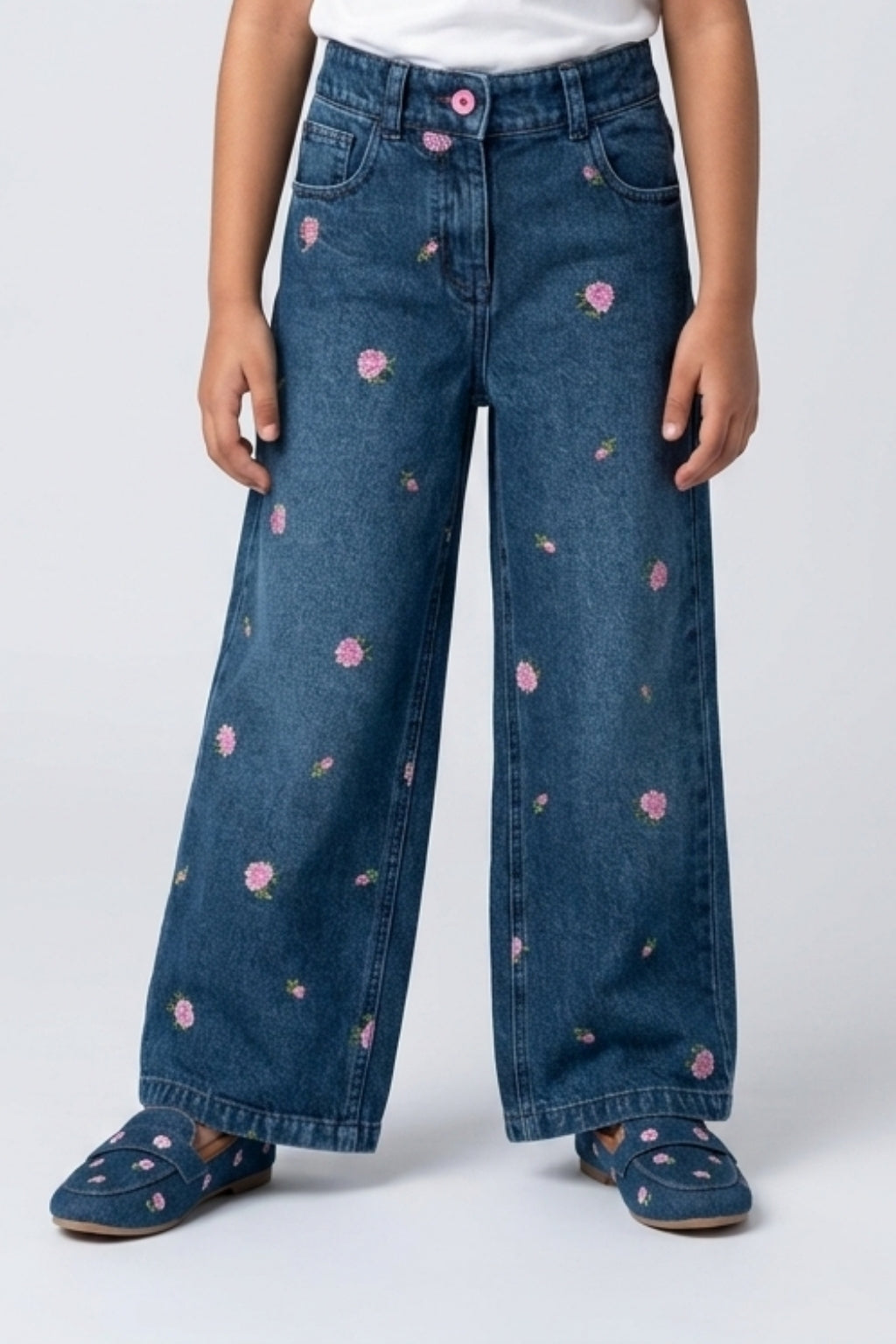Girls Dark Blue Embroidered Straight-Fit Denim Pants