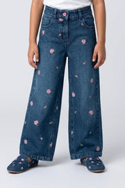 Girls Dark Blue Embroidered Straight-Fit Denim Pants