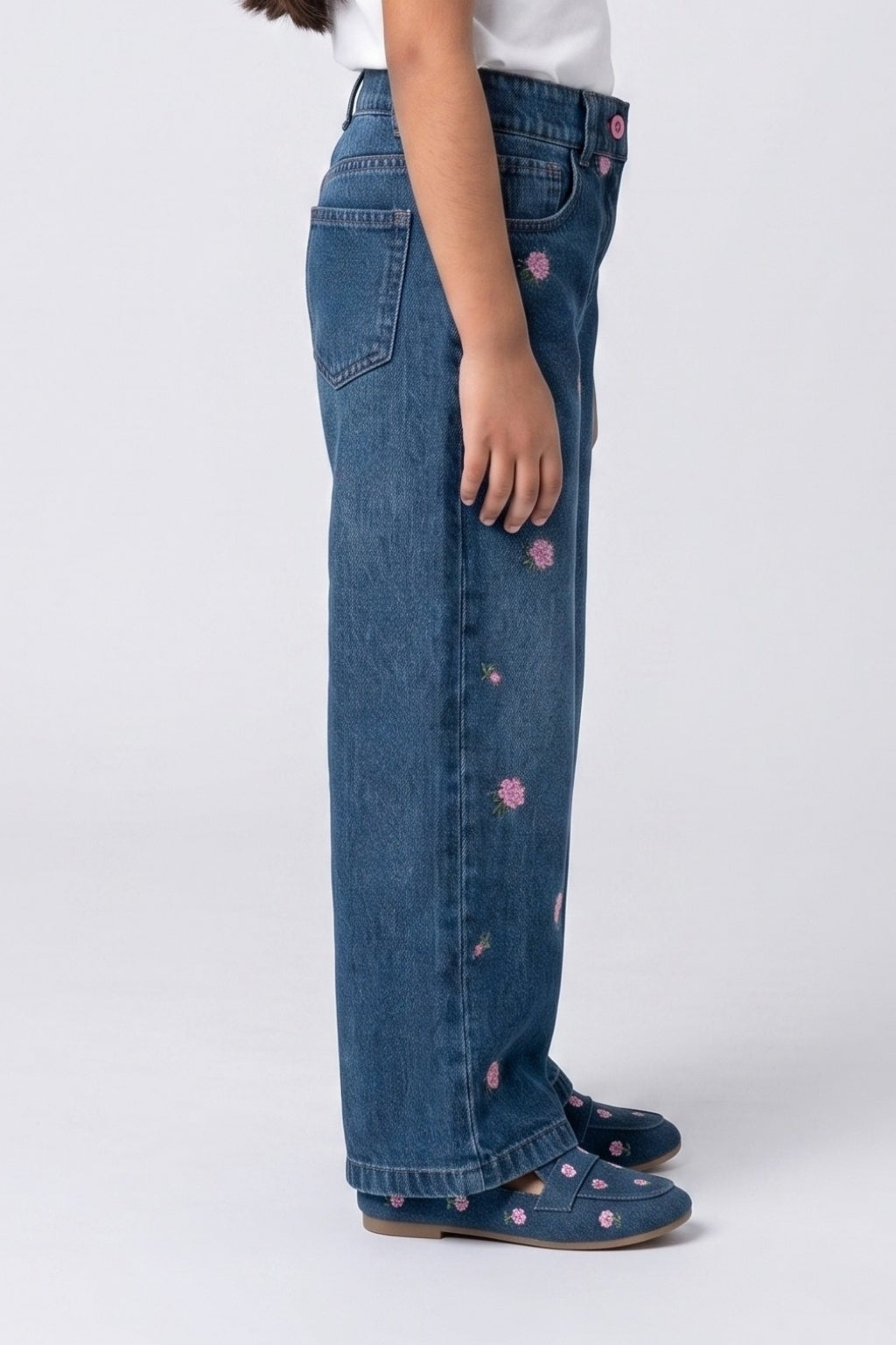 Girls Dark Blue Embroidered Straight-Fit Denim Pants
