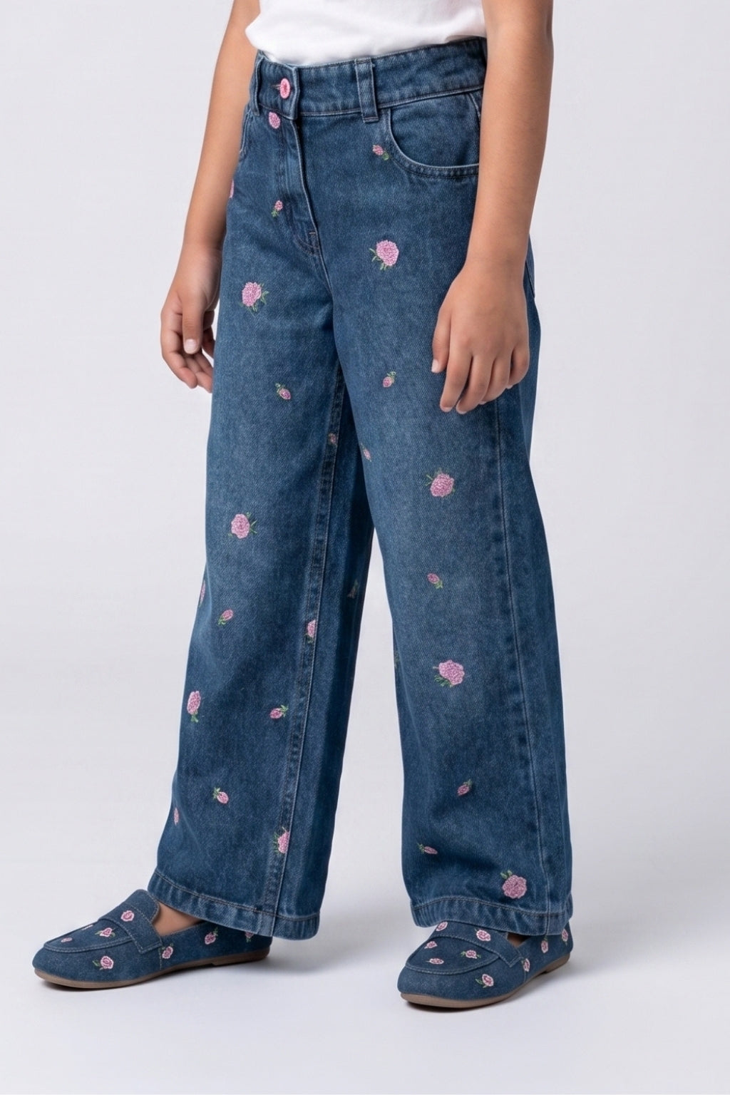 Girls Dark Blue Embroidered Straight-Fit Denim Pants