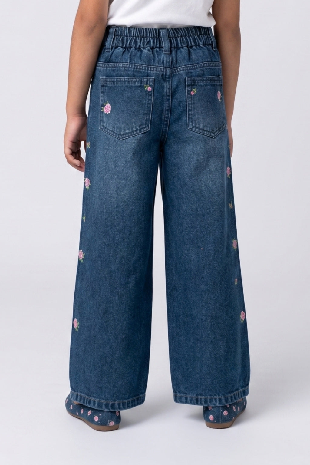 Girls Dark Blue Embroidered Straight-Fit Denim Pants