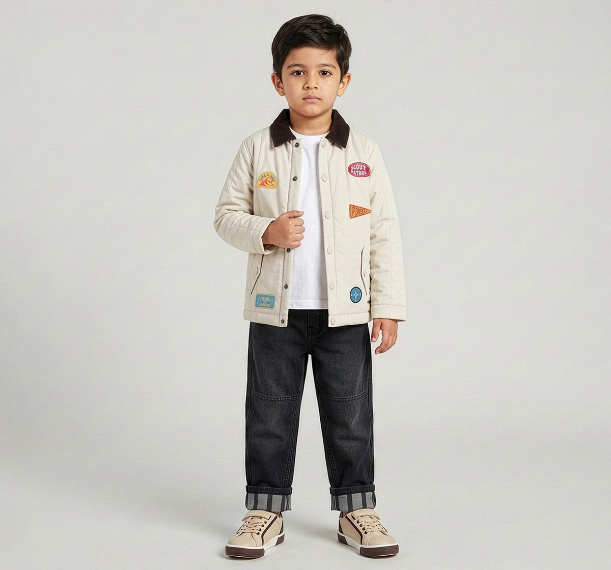 Woven Jacket with Badges Beige