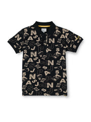 Boys Black Letter Print Regular Fit Polo