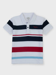 Boys White Striped Regular Fit Polo