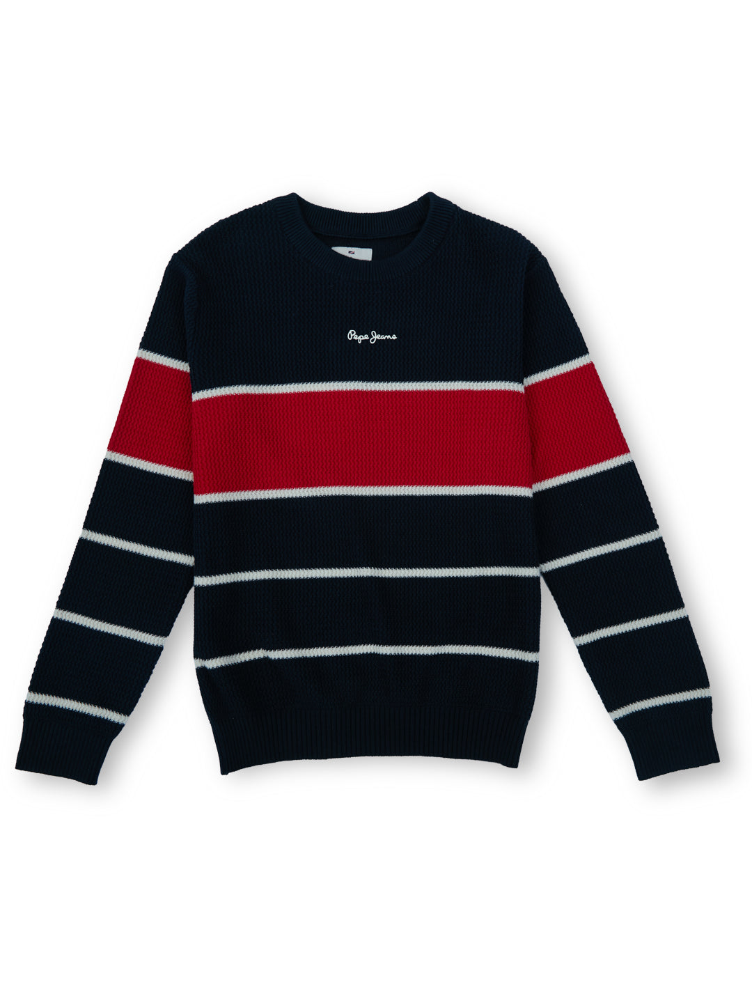 Boys Navy Striped Regular Fit Sweater Full Sleeves