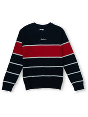Boys Navy Striped Regular Fit Sweater Full Sleeves