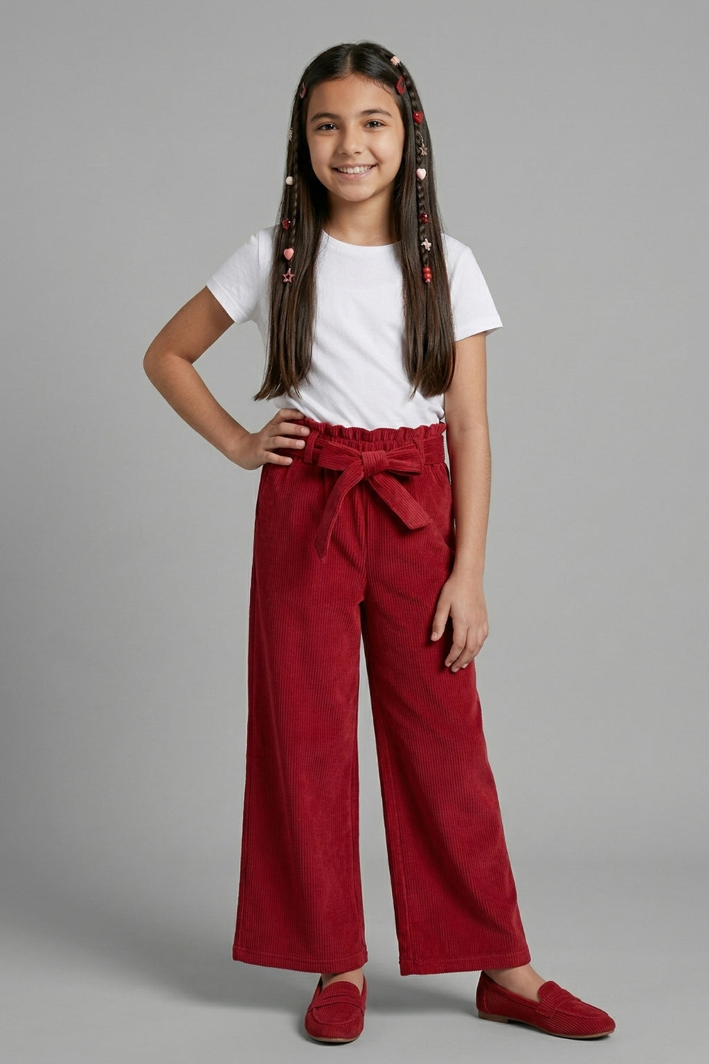 Girls Maroon Ribbed Wide-Leg Pants with Tie-Up Waist