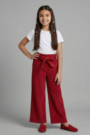 Girls Maroon Ribbed Wide-Leg Pants with Tie-Up Waist