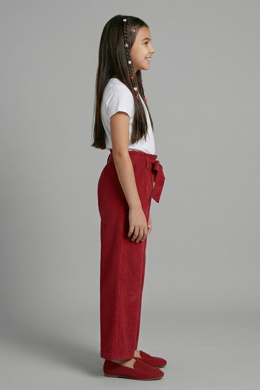 Girls Maroon Ribbed Wide-Leg Pants with Tie-Up Waist