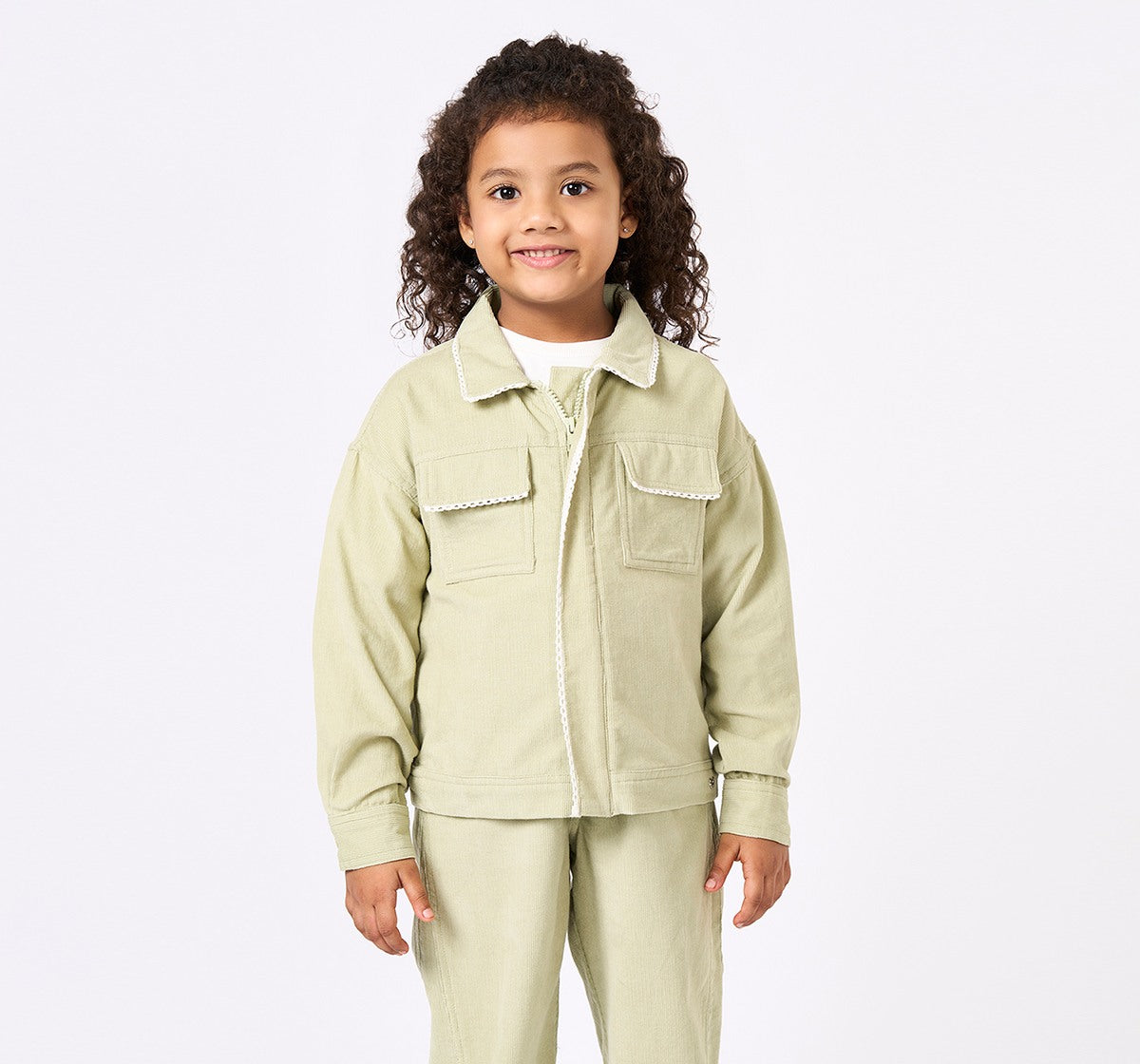Corduroy Jacket with Lace Detail Green