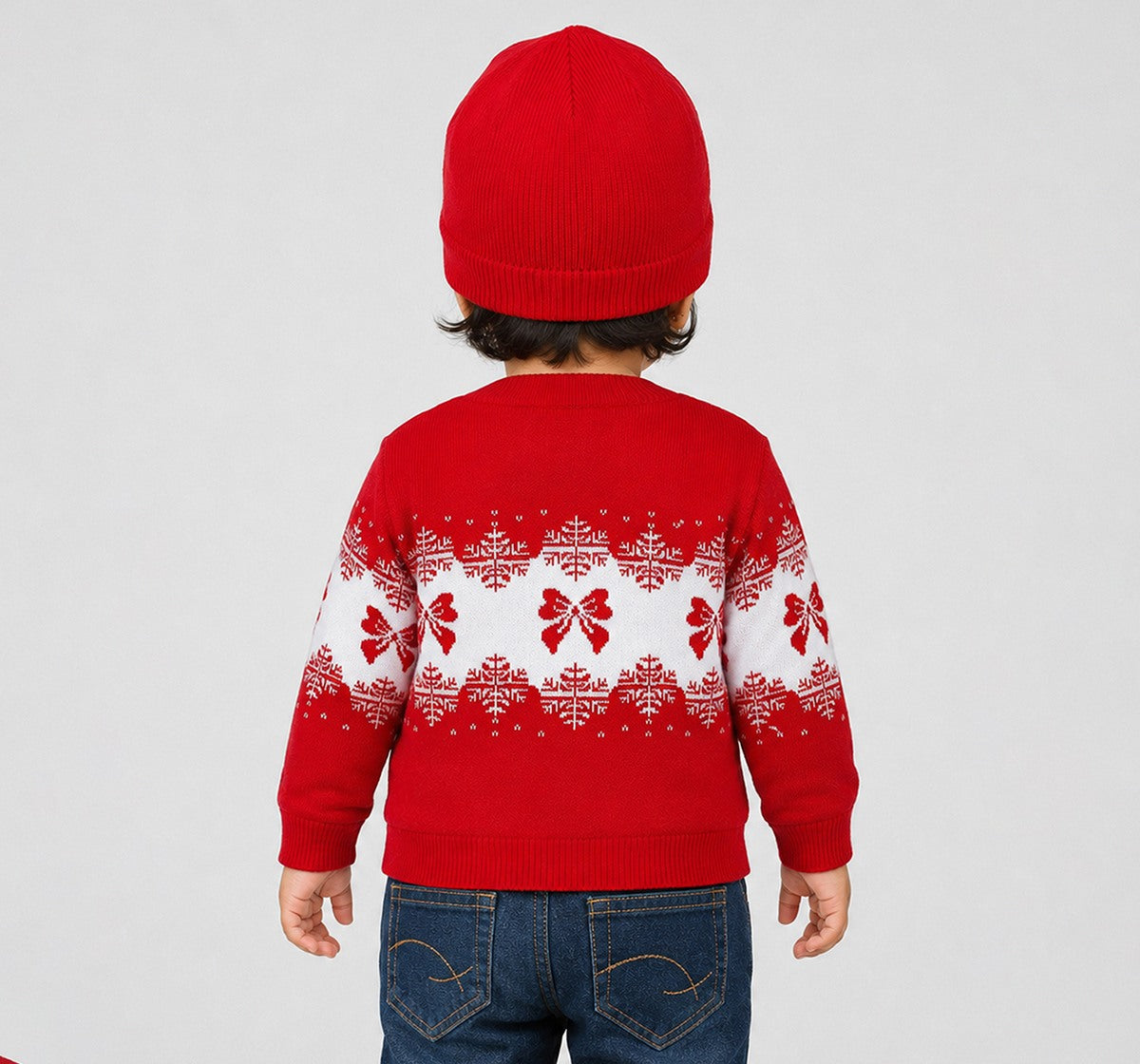 Sweater with Bow & Snowflake Intarsia Red