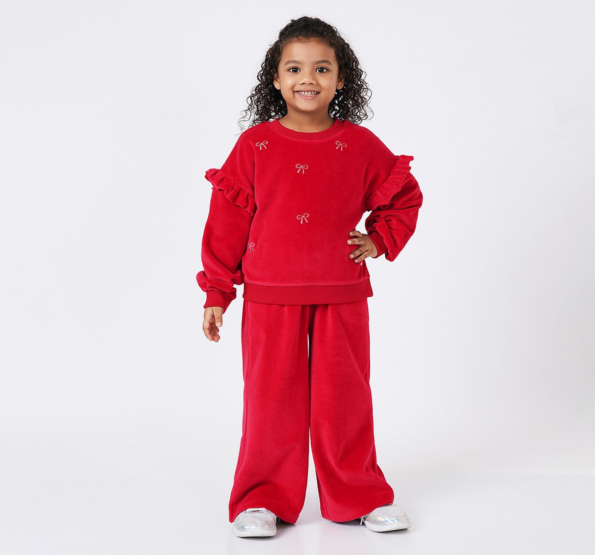 Emb Velour Sweatshirt with Bottom Set Red