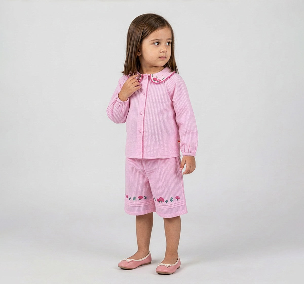 Solid Top & Pant Set with Embroidery Pink