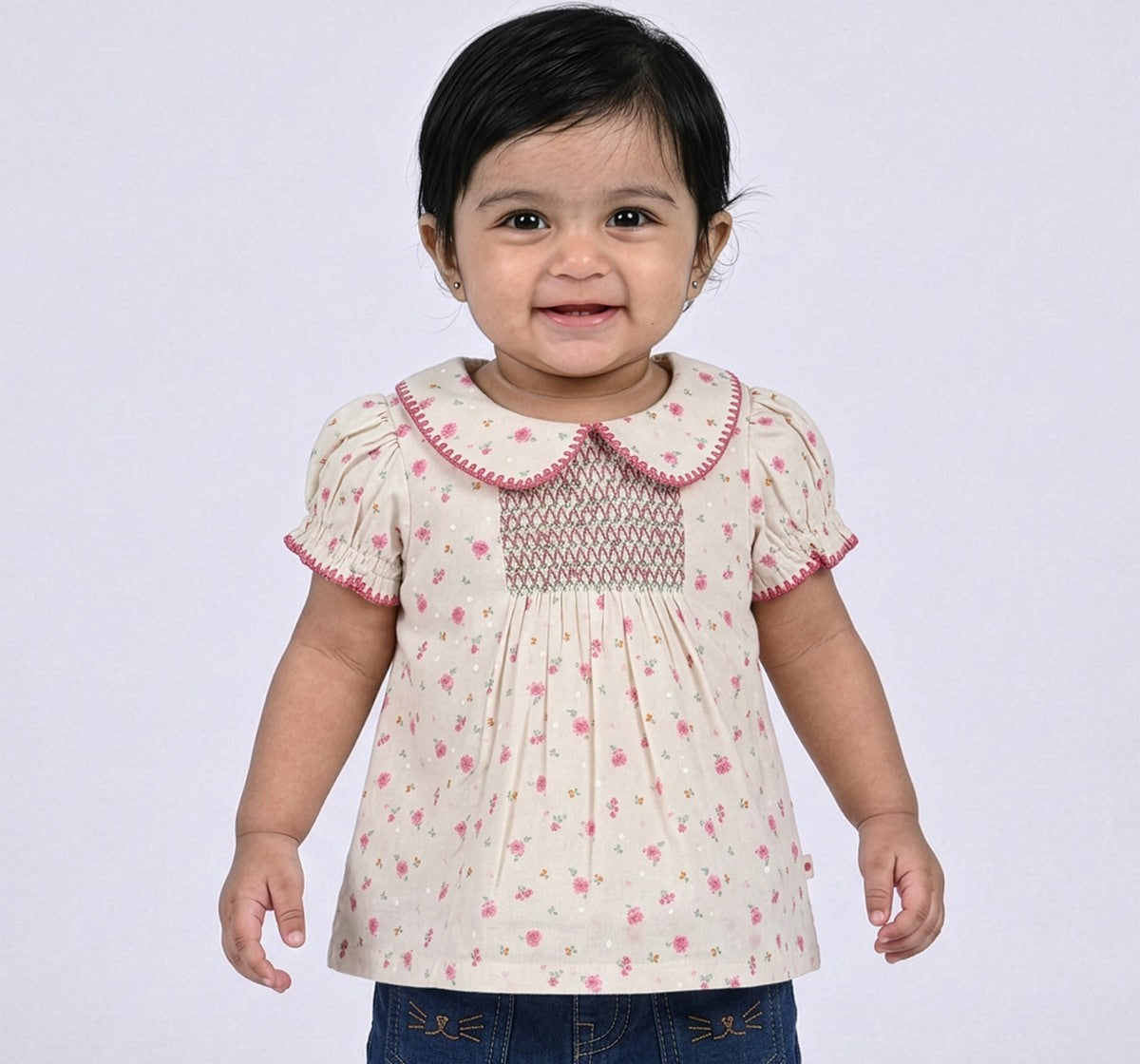 Ditsy Floral Top with Collar Detail Off-White