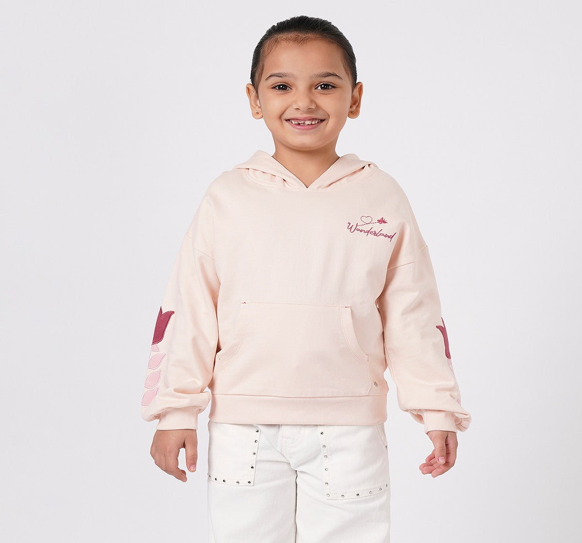 Hooded Sweatshirt with Emb and Applique Pink