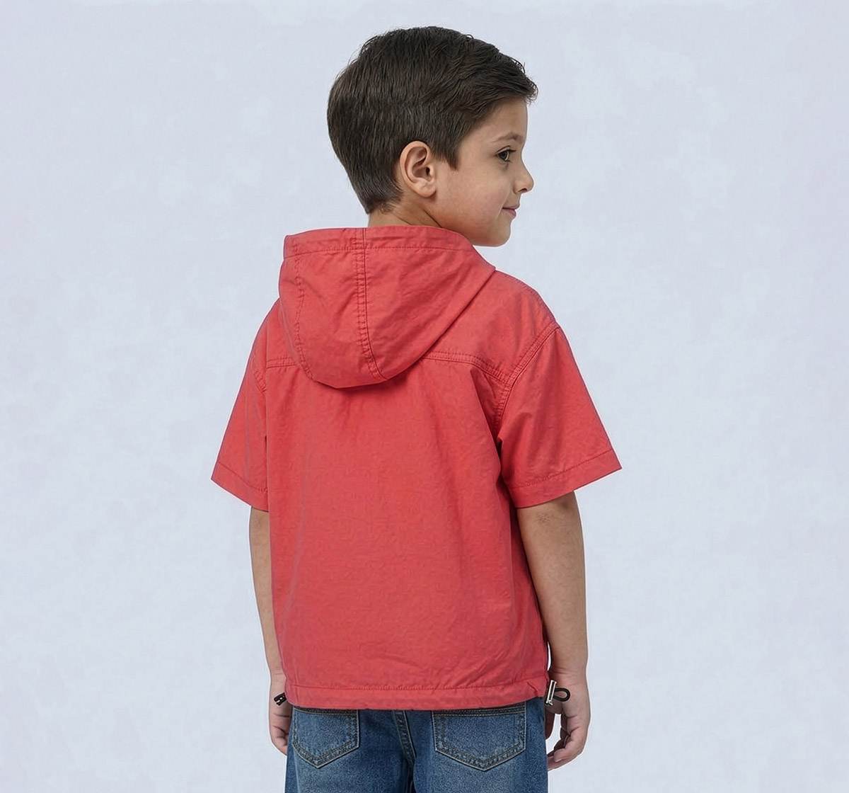 Hooded Poplin Shirt with Pockets Red