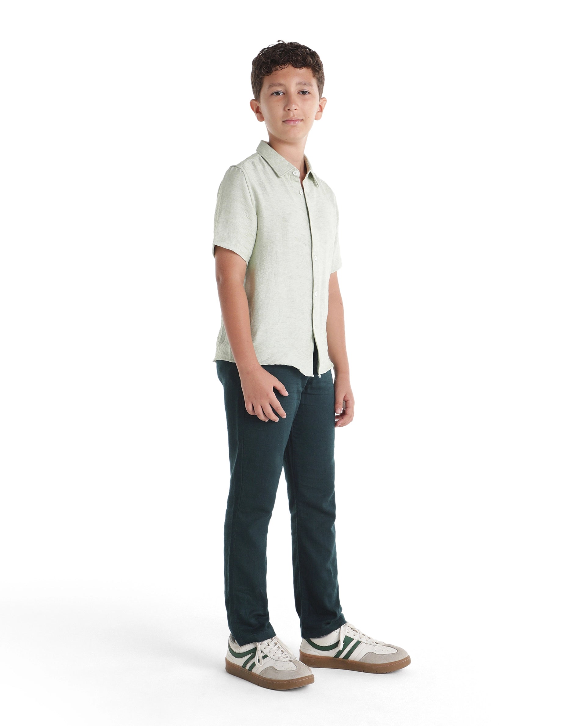 Boys Dark Teal Regular-Fit Cotton Casual Trousers