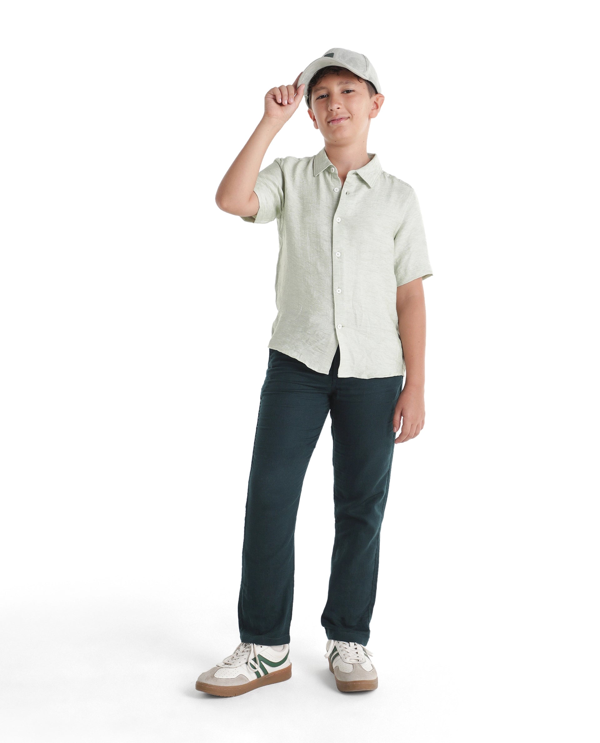 Boys Dark Teal Regular-Fit Cotton Casual Trousers
