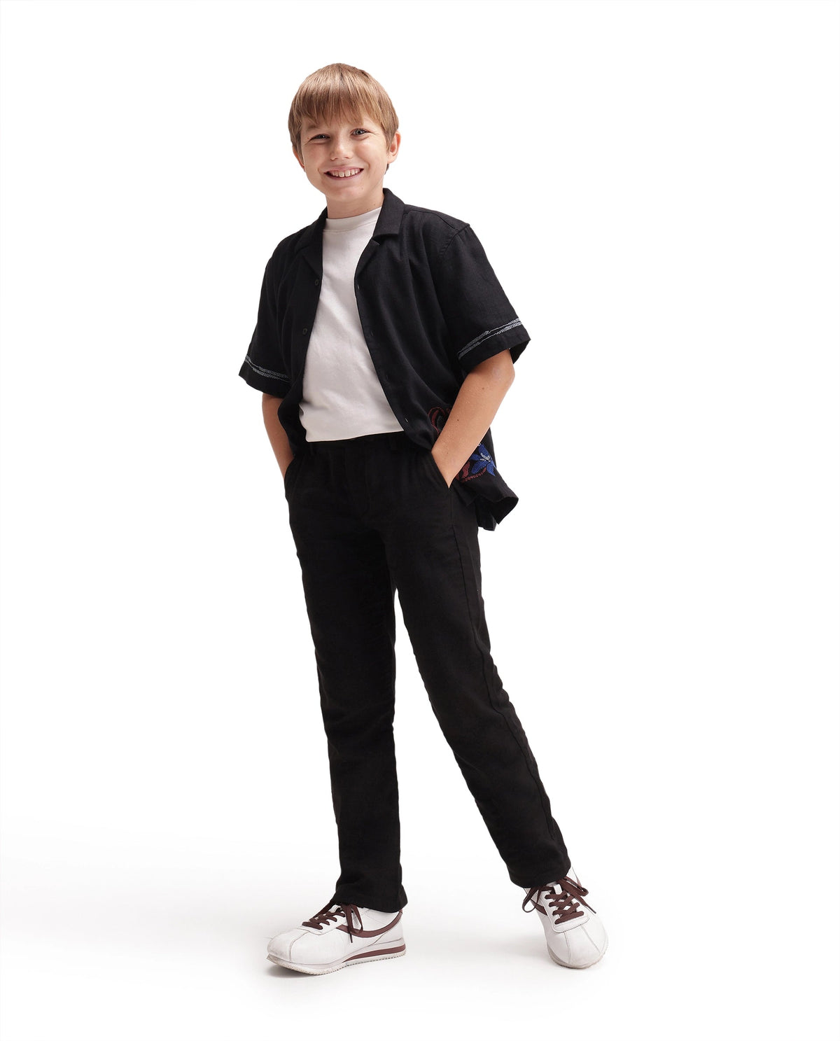 Boys Black Regular-Fit Cotton Casual Trousers