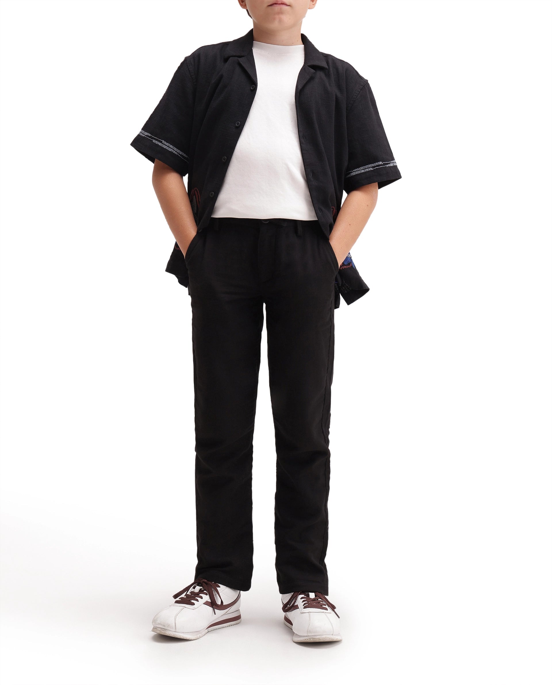Boys Black Regular-Fit Cotton Casual Trousers