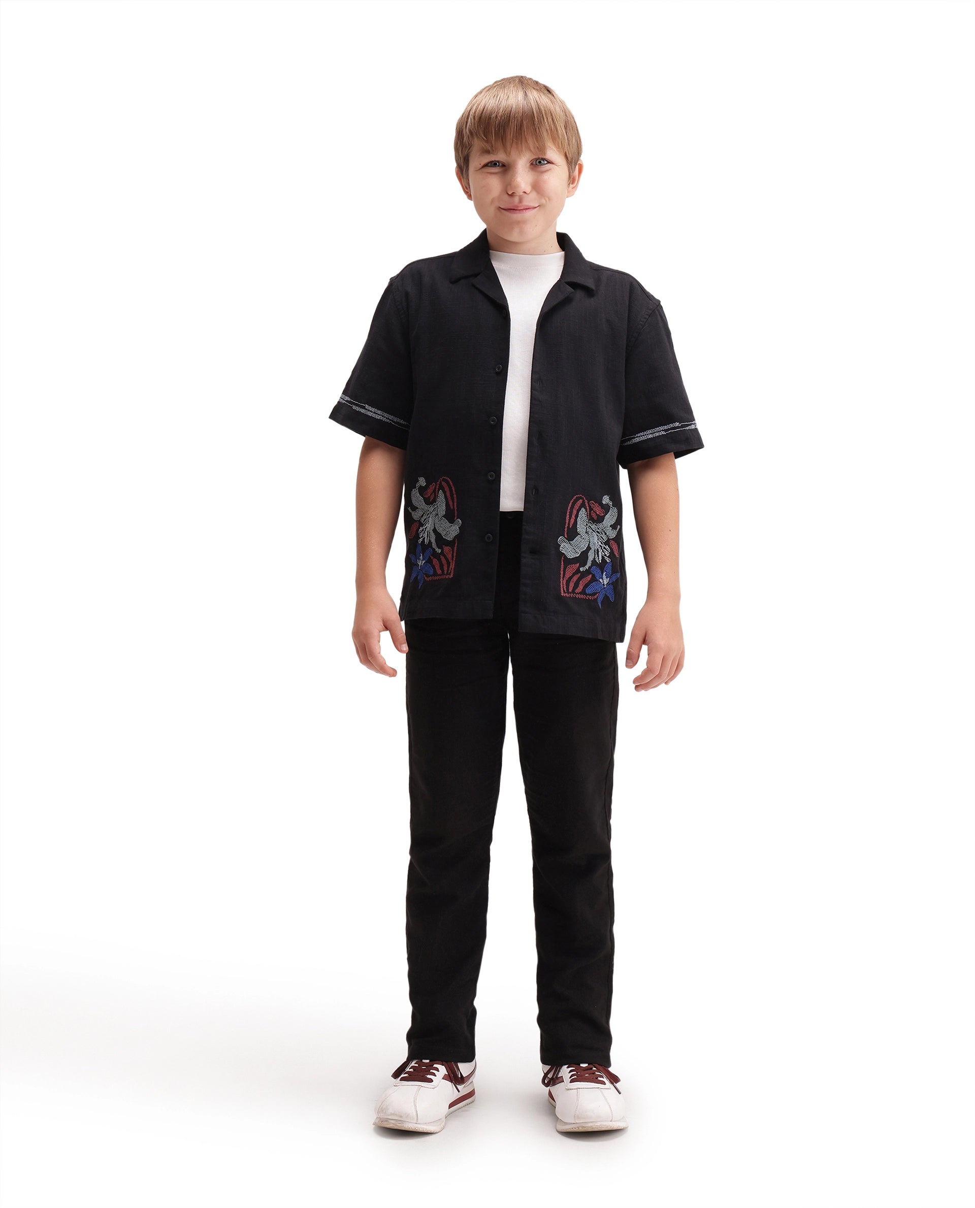 Boys Black Regular-Fit Cotton Casual Trousers