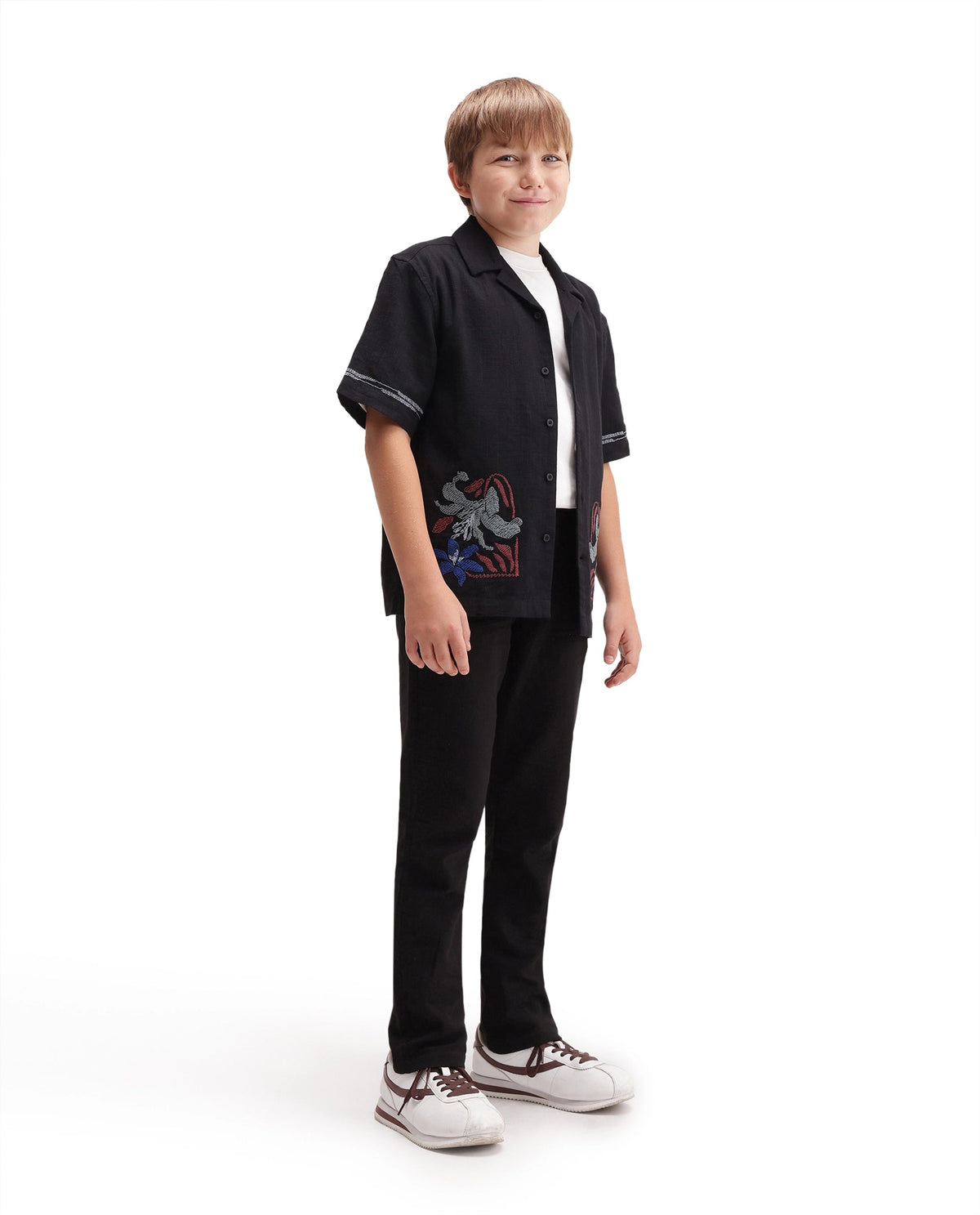 Boys Black Regular-Fit Cotton Casual Trousers