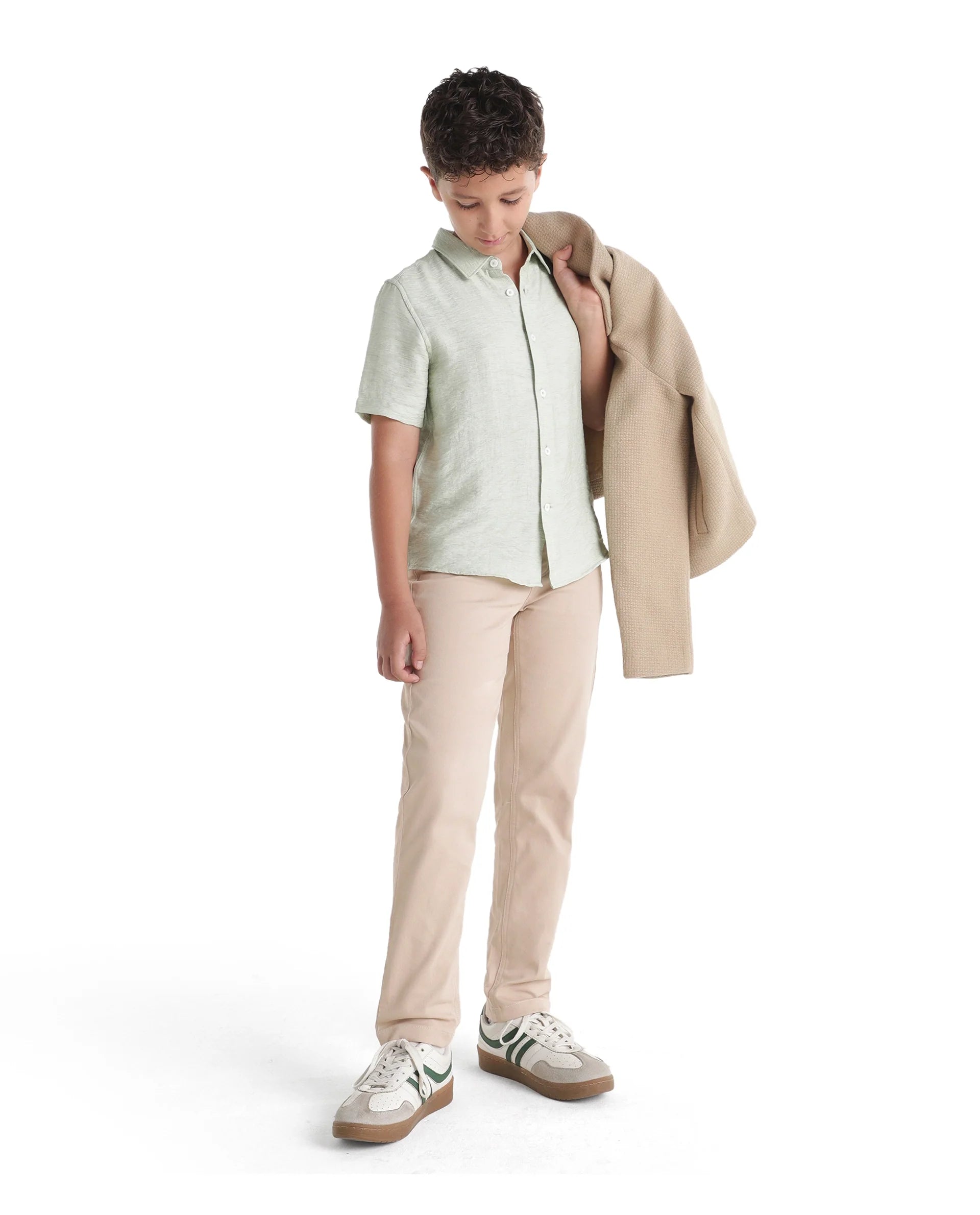 Boys Beige Slim-Fit Cotton Blend Trousers