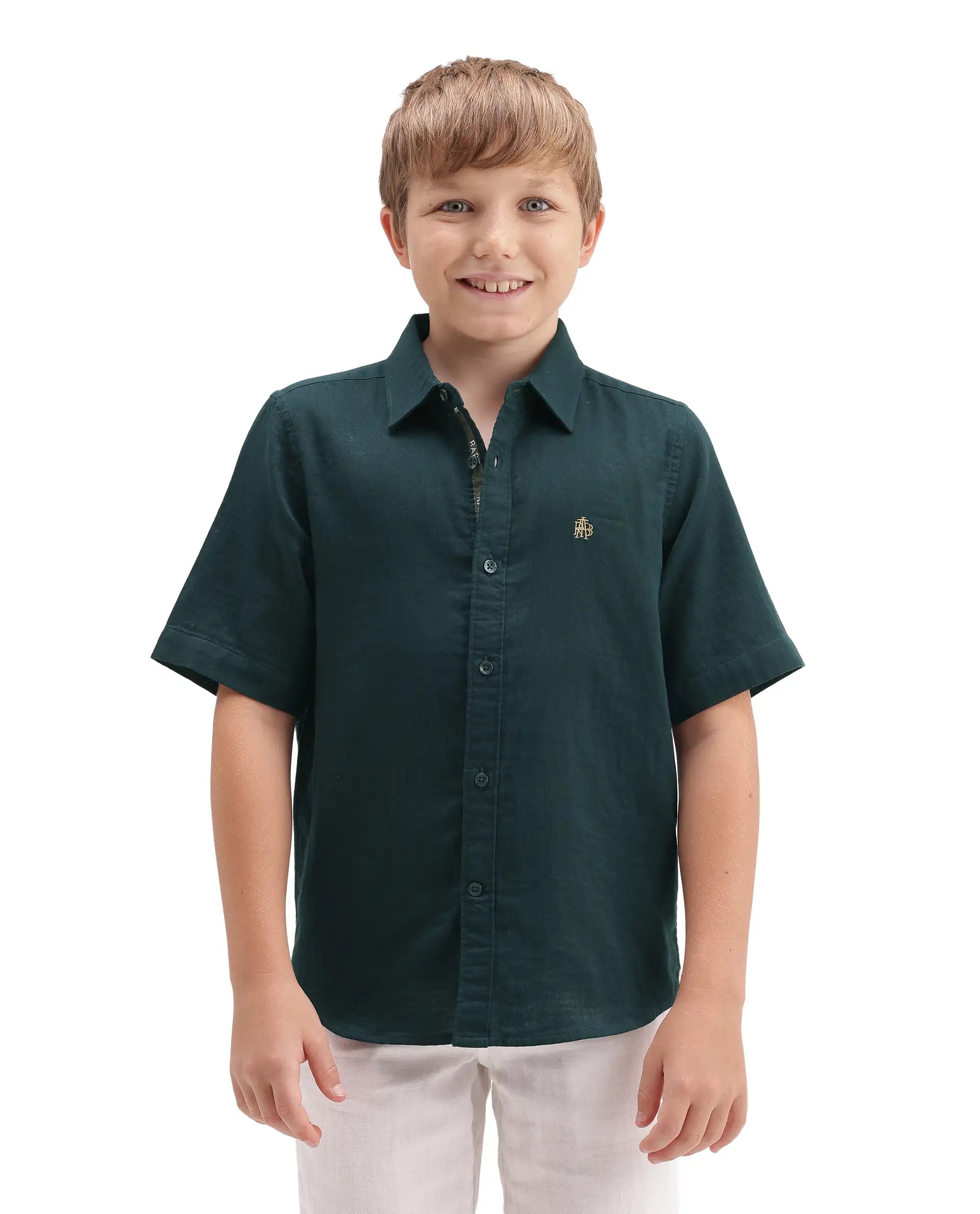 Boys Dark Teal Regular-Fit Half-Sleeve Cotton Casual Shirt