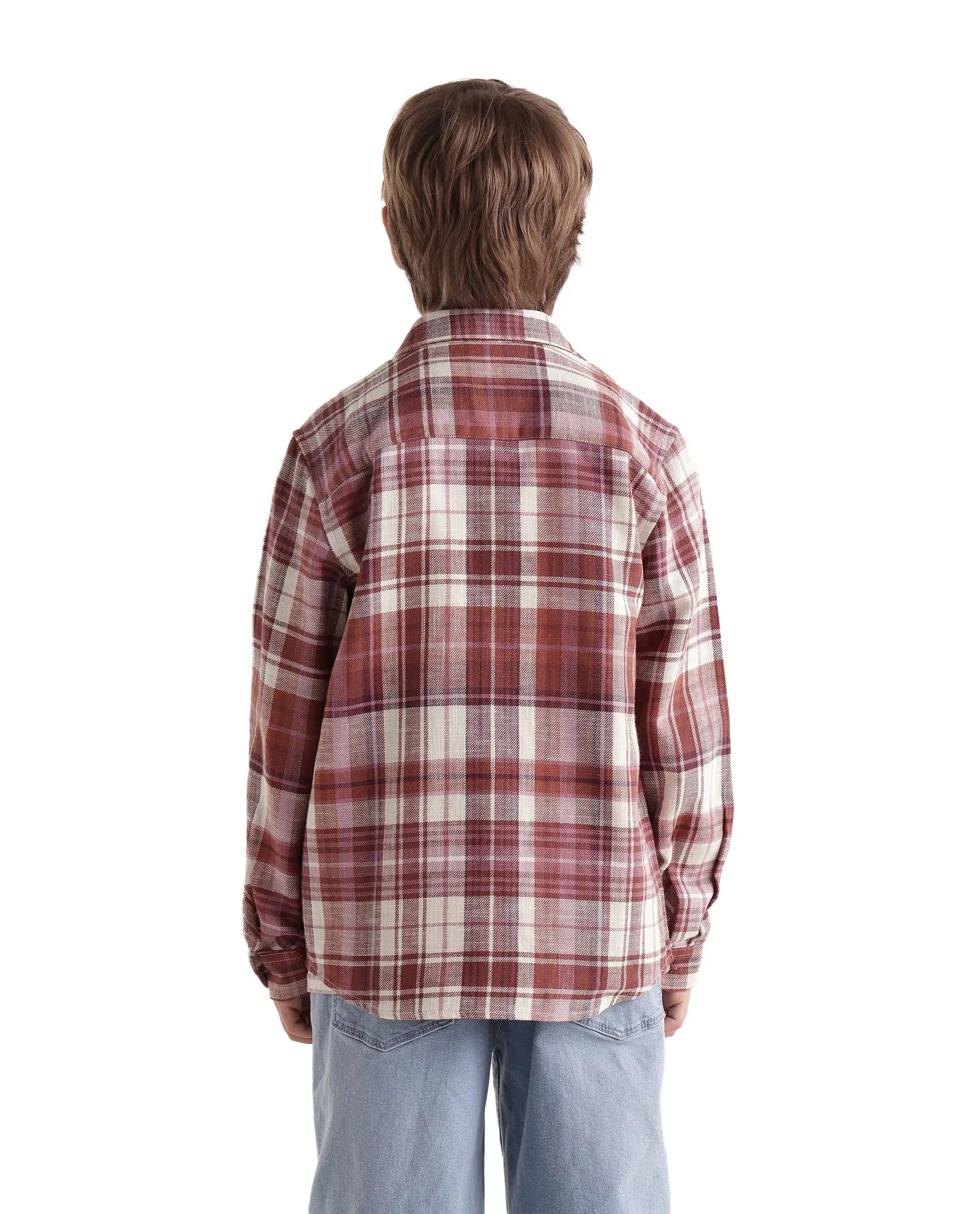Boys Dusky Rust Regular-Fit Full-Sleeve Embroidered Cotton Shirt