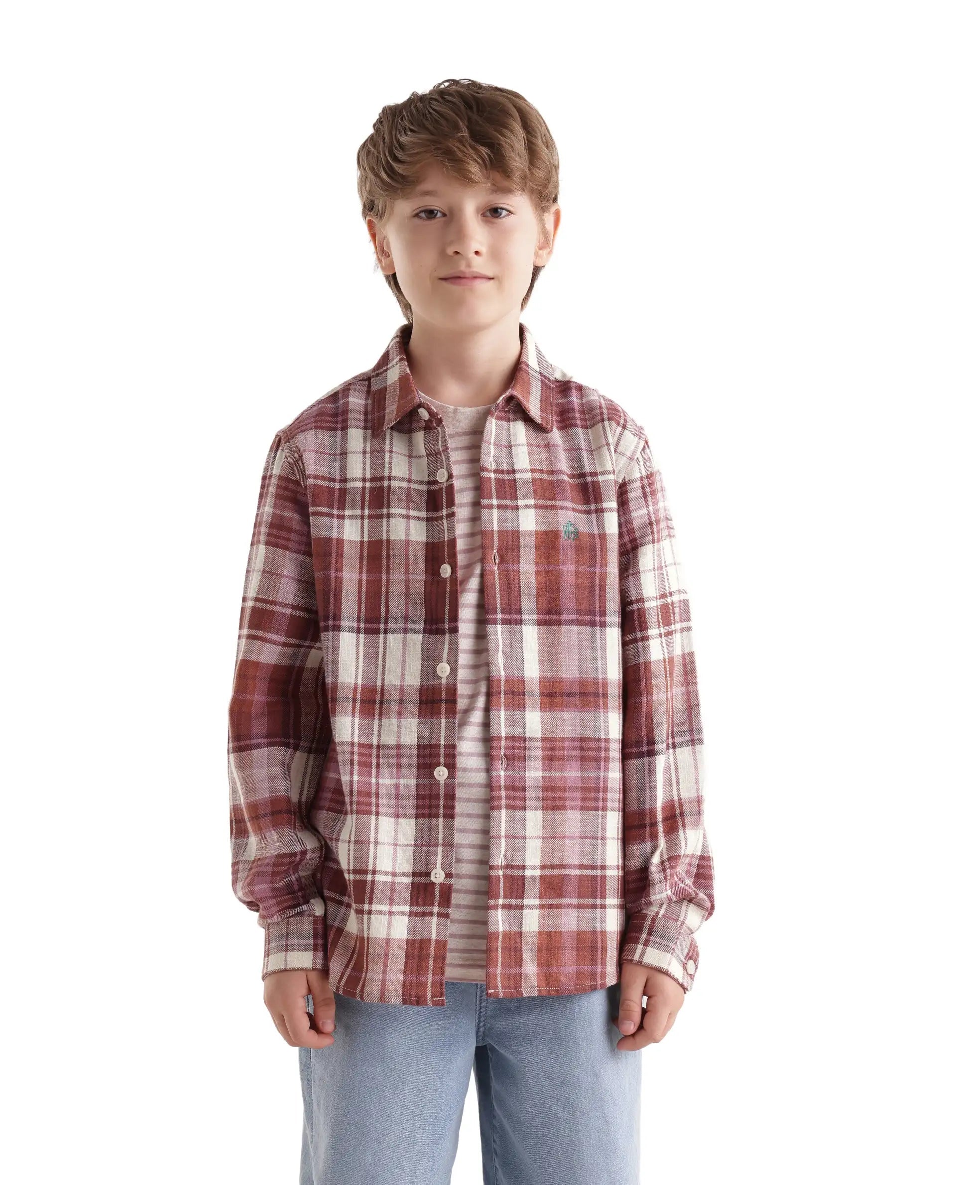 Boys Dusky Rust Regular-Fit Full-Sleeve Embroidered Cotton Shirt