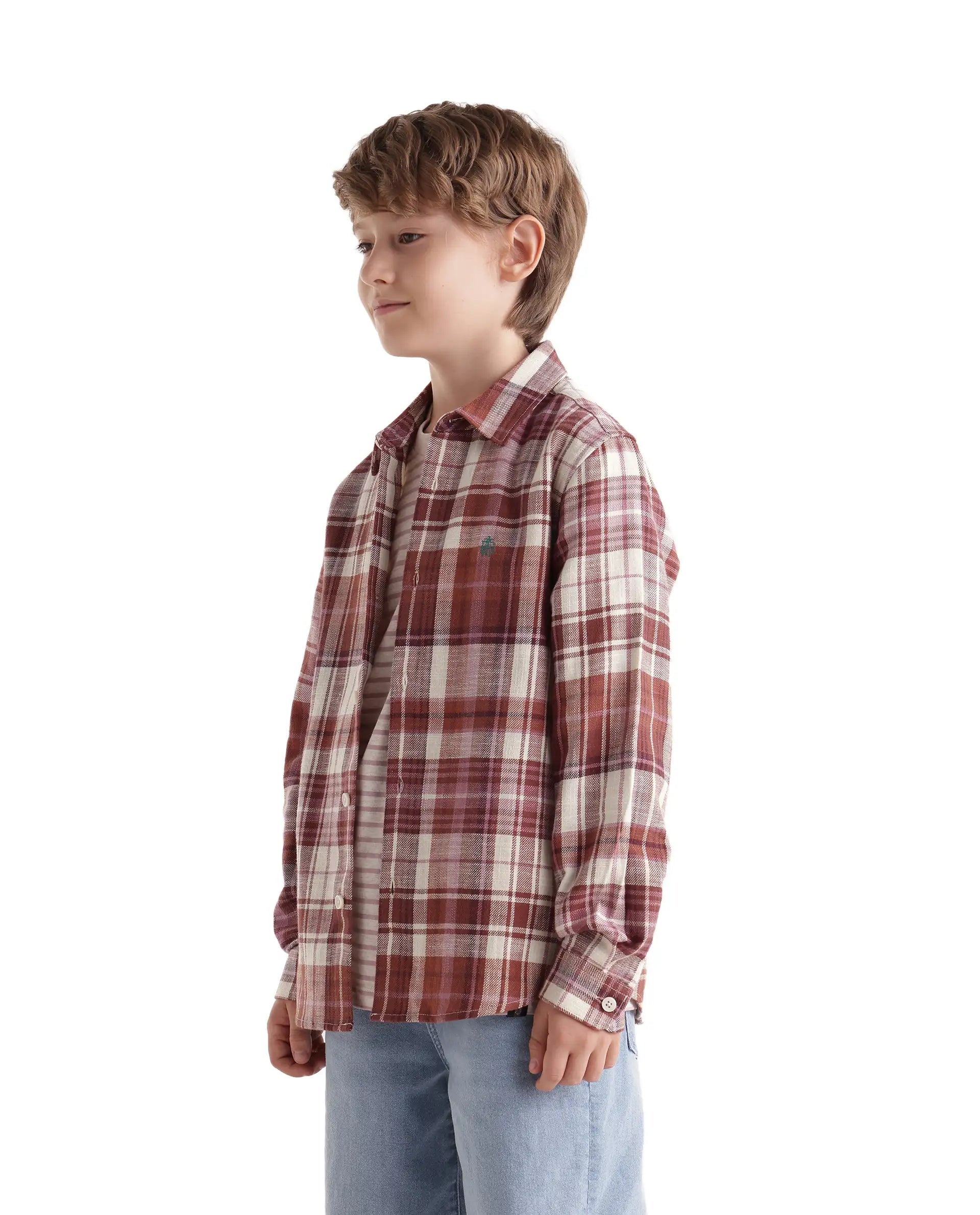 Boys Dusky Rust Regular-Fit Full-Sleeve Embroidered Cotton Shirt