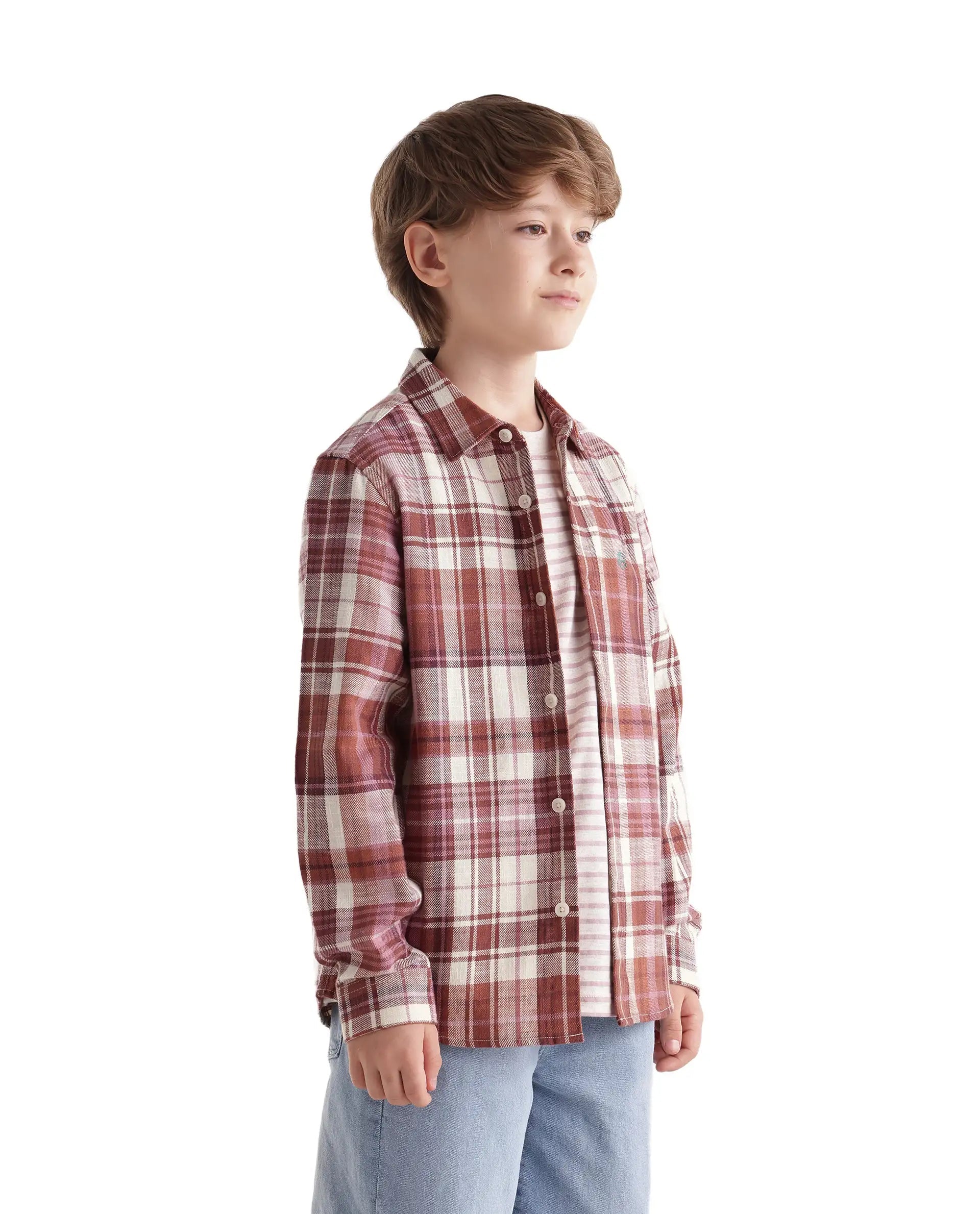 Boys Dusky Rust Regular-Fit Full-Sleeve Embroidered Cotton Shirt