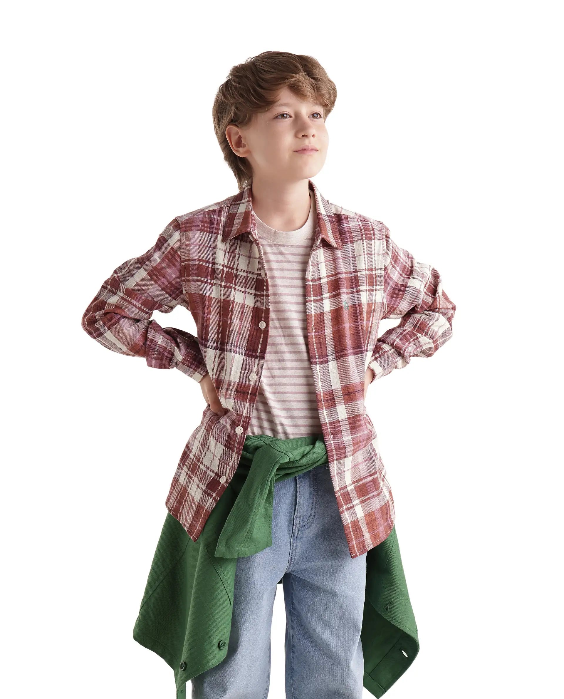 Boys Dusky Rust Regular-Fit Full-Sleeve Embroidered Cotton Shirt