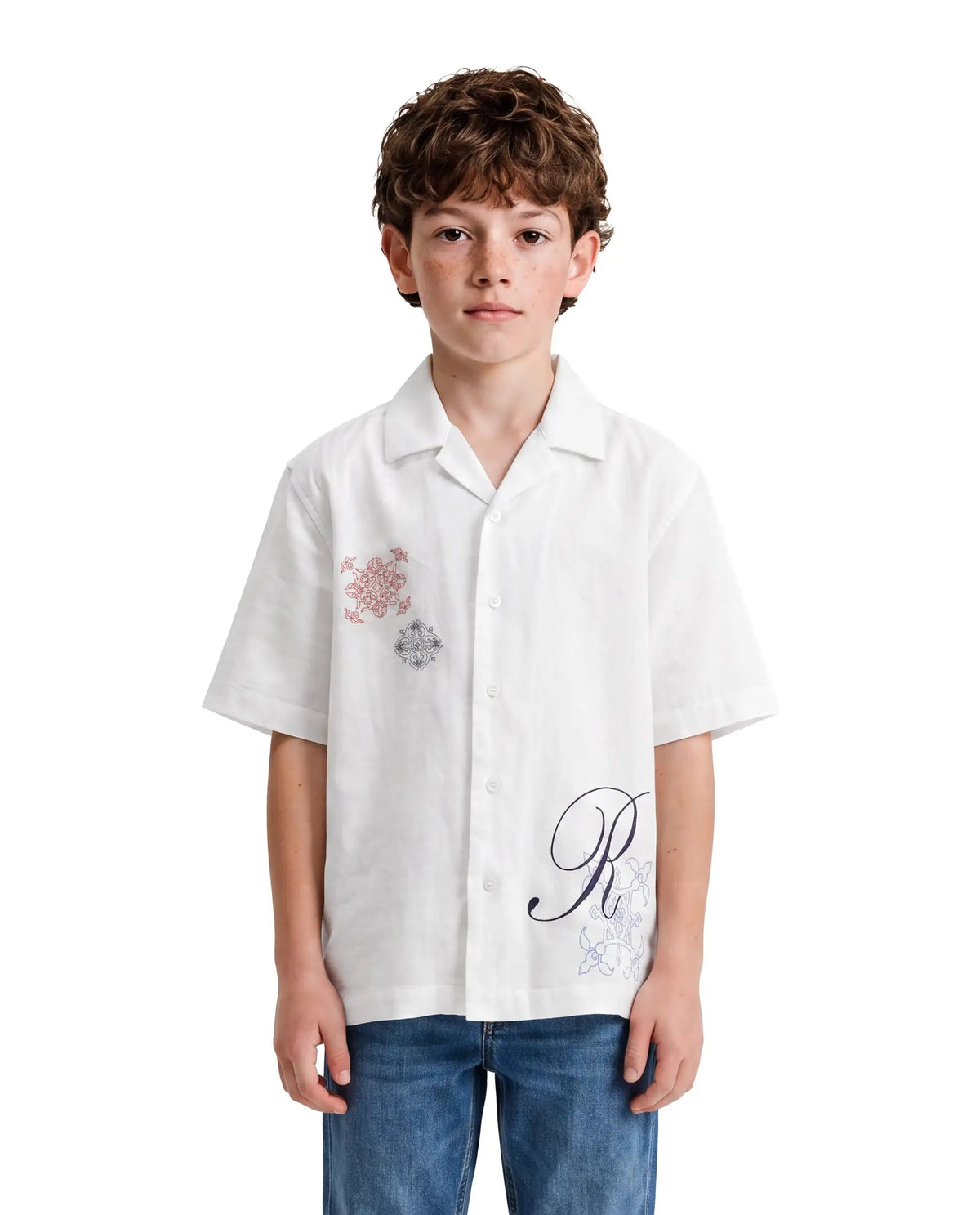 Boys White Regular-Fit Half-Sleeve Embroidered Cotton Resort Shirt