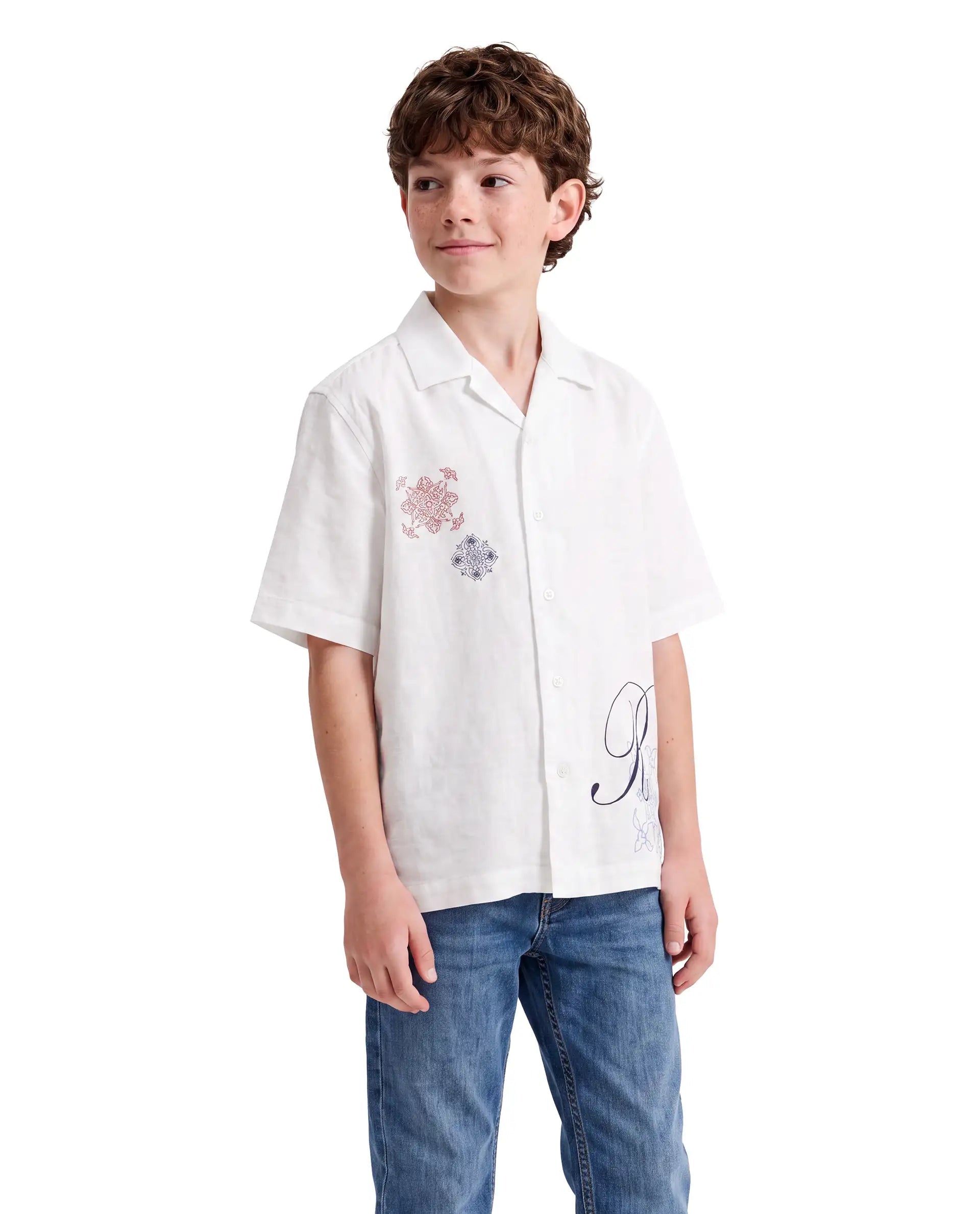 Boys White Regular-Fit Half-Sleeve Embroidered Cotton Resort Shirt